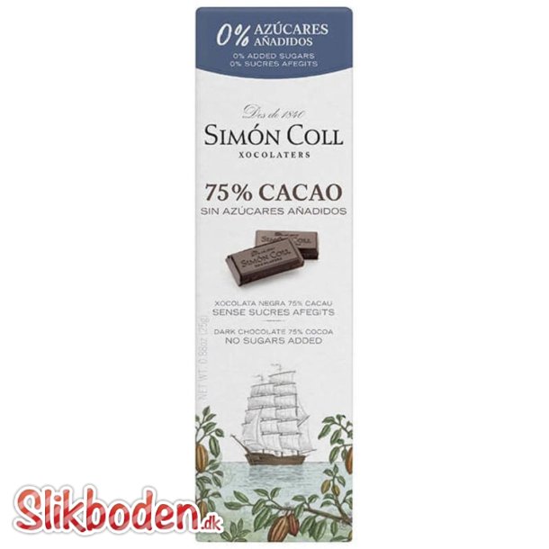 Chokolade Weibel Simn Coll mrk 75% u/sukker 25g 1 stk.