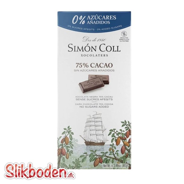 Chokolade Weibel Simn Coll Mrk chokoladebar 75% uden tilsat sukker 1 x 85g