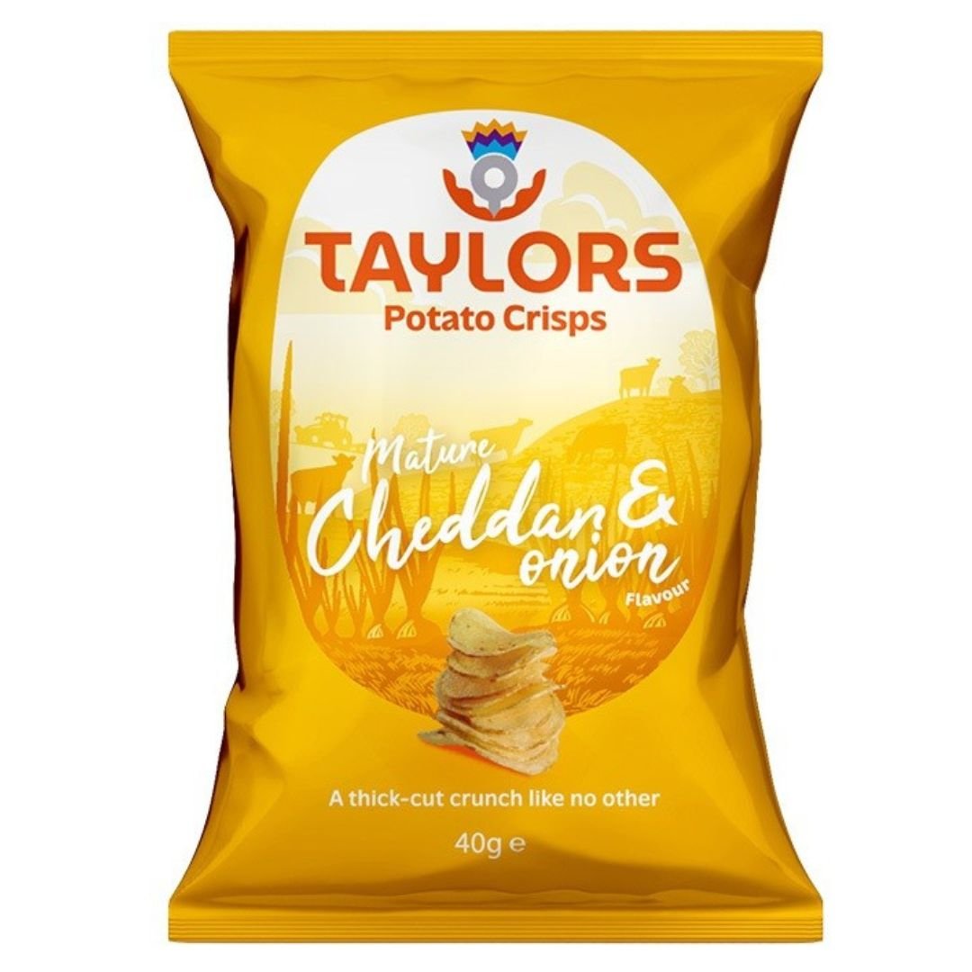 Taylor cheddar & onion chips (Gul) 24 poser a 40 g - Taylor - Slikboden ApS